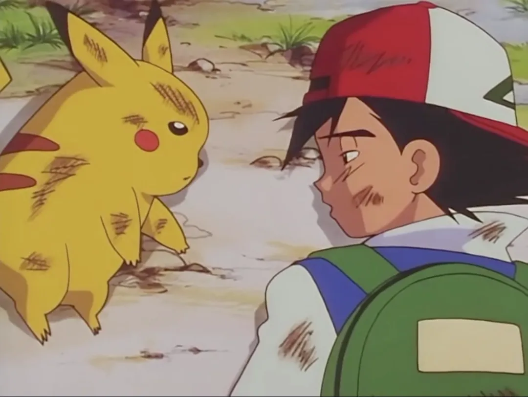 Ash and Pikachu share a moment after the Spearow battle
